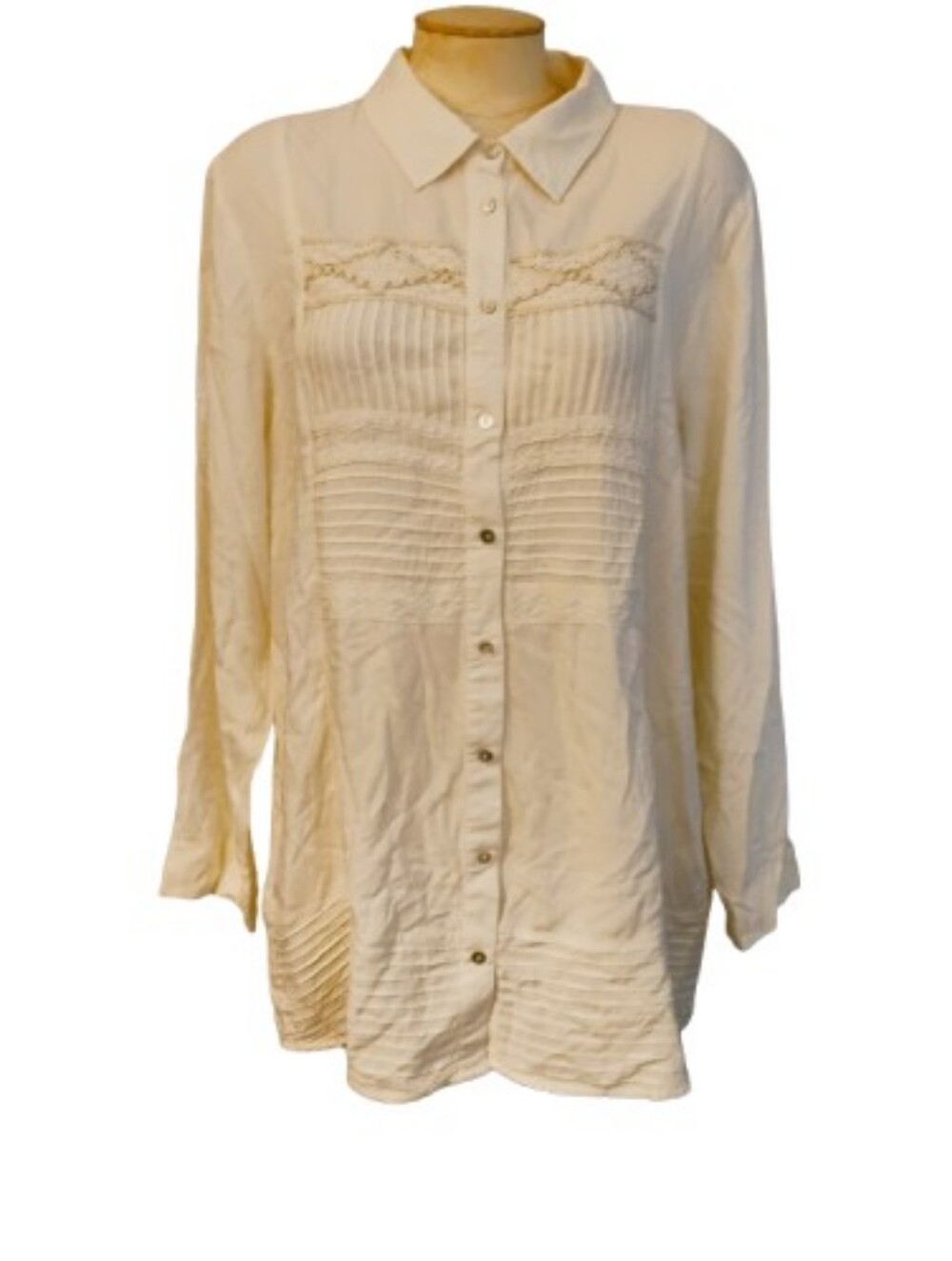 Soft Surroundings Boho Button up Tunic Top Ivory Pintucks Metallic Lace Size  L